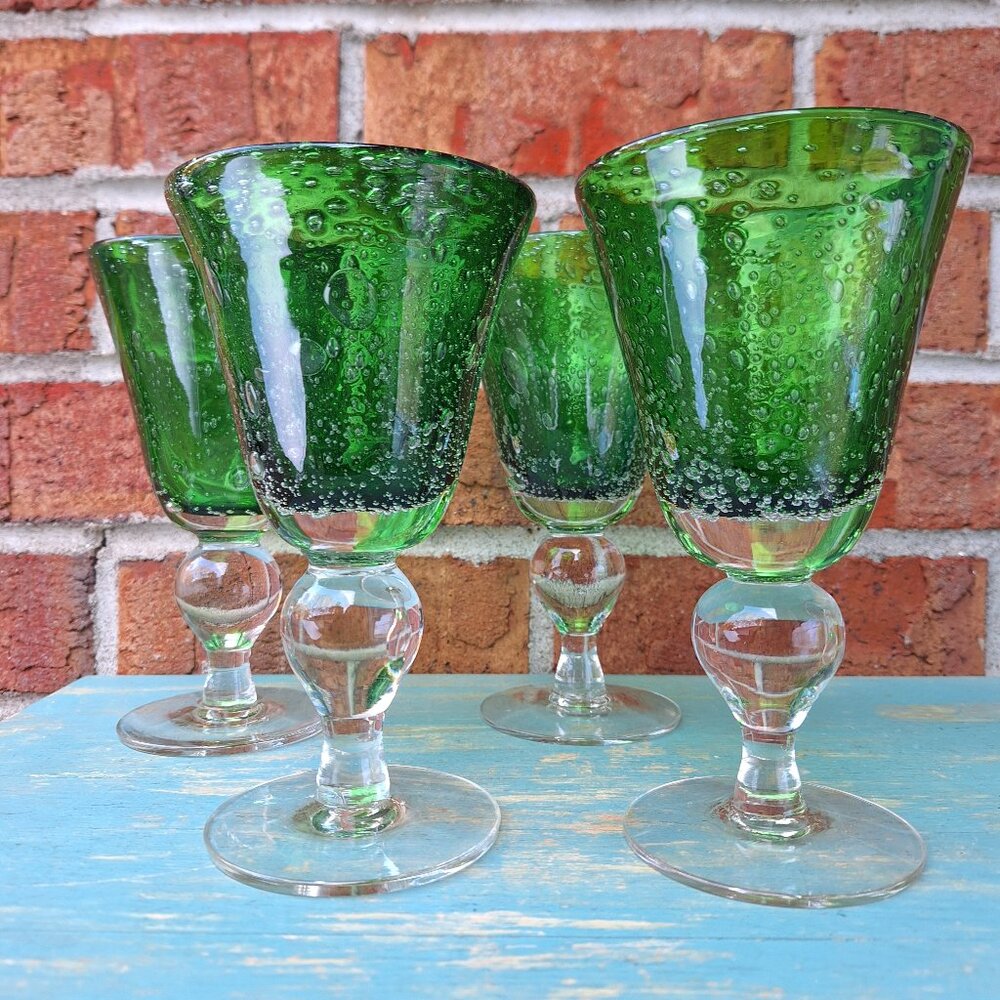 4 Wine Glasses Stemware Set Hand Blown Bubble Glass Murano Vintage Christmas